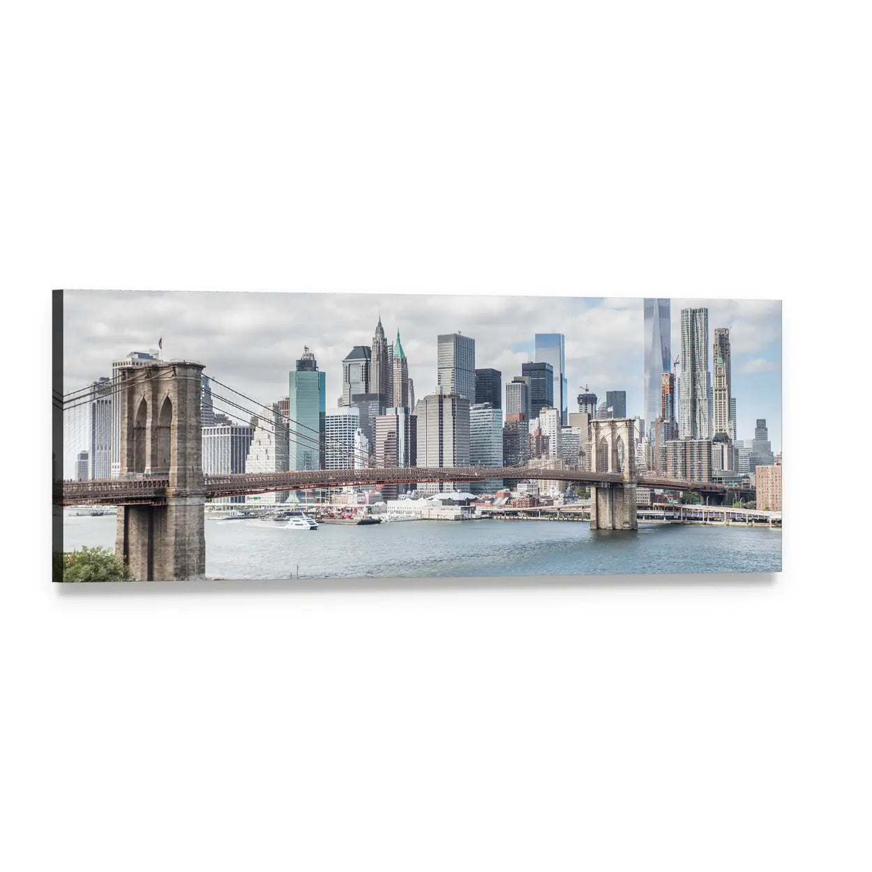 Brooklyn Bridge with Manhattan Skyline Panoramic Canvas Wall Art, single panel gallery wrapped canvas, angled product view