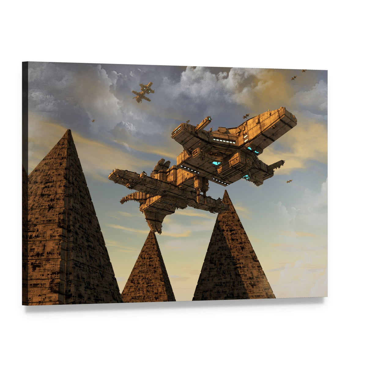 Spaceship Hovering Between Pyramids Canvas Wall Art, single panel gallery wrapped canvas, angled product view