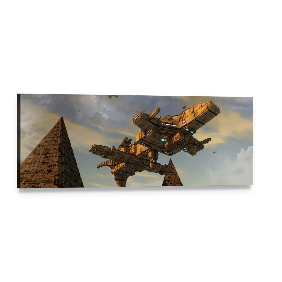 Futuristic Ufo Over Alien Pyramids Panoramic Canvas Wall Art, single panel gallery wrapped canvas, angled product view