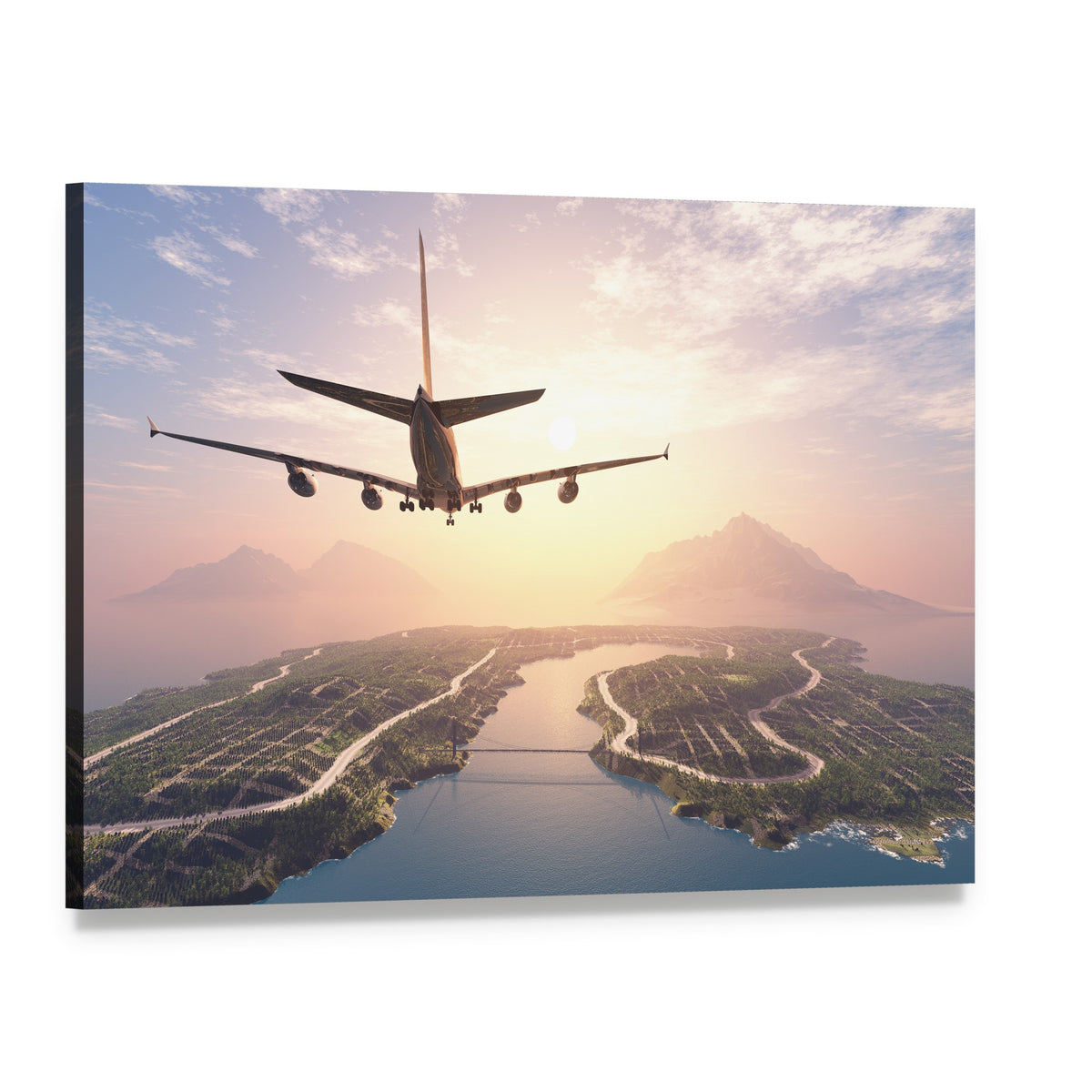 Airplane Landing on Island Canvas Wall Art, single panel gallery wrapped canvas, angled product view