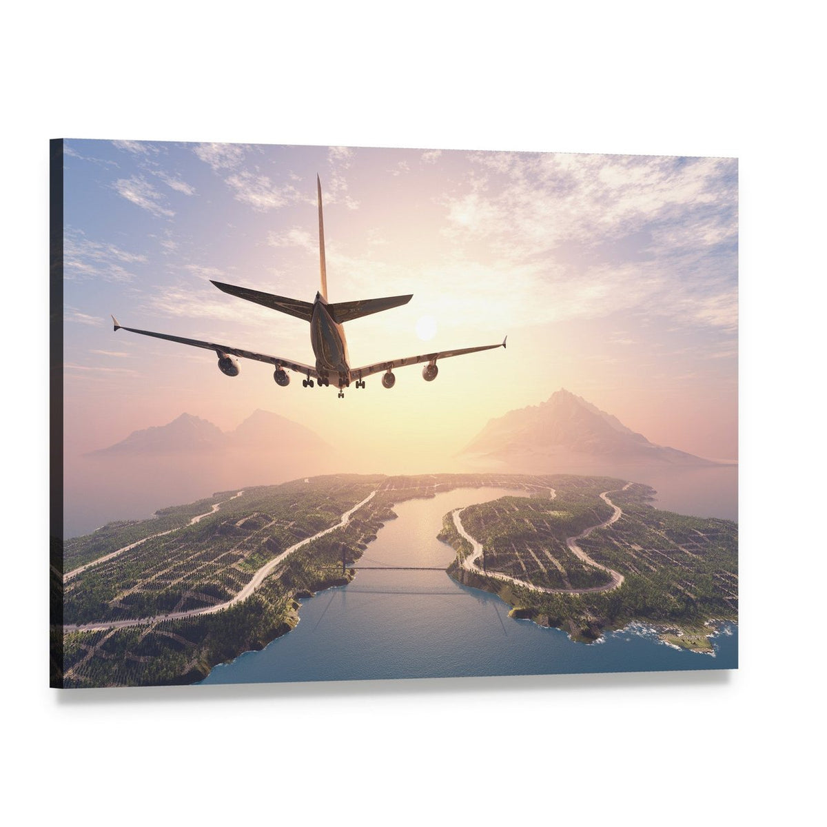 Airplane Landing on Island Canvas Wall Art, single panel gallery wrapped canvas, angled product view