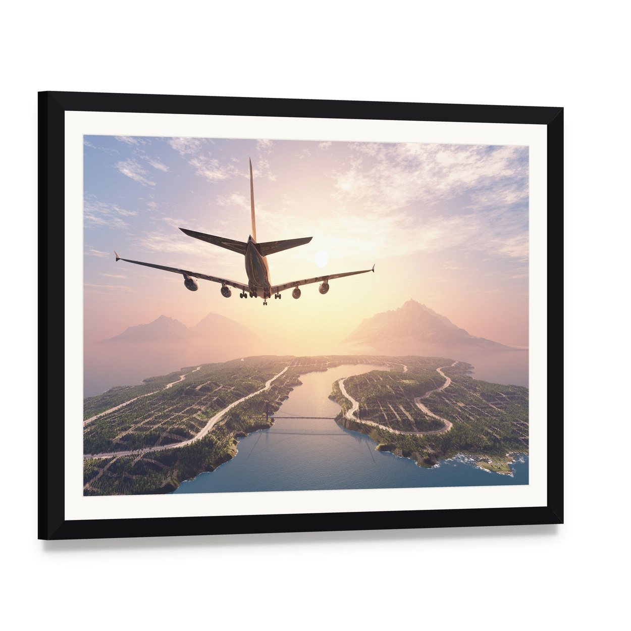 Airplane Landing on Island Canvas Wall Art, framed print with white mat and black frame, angled product view