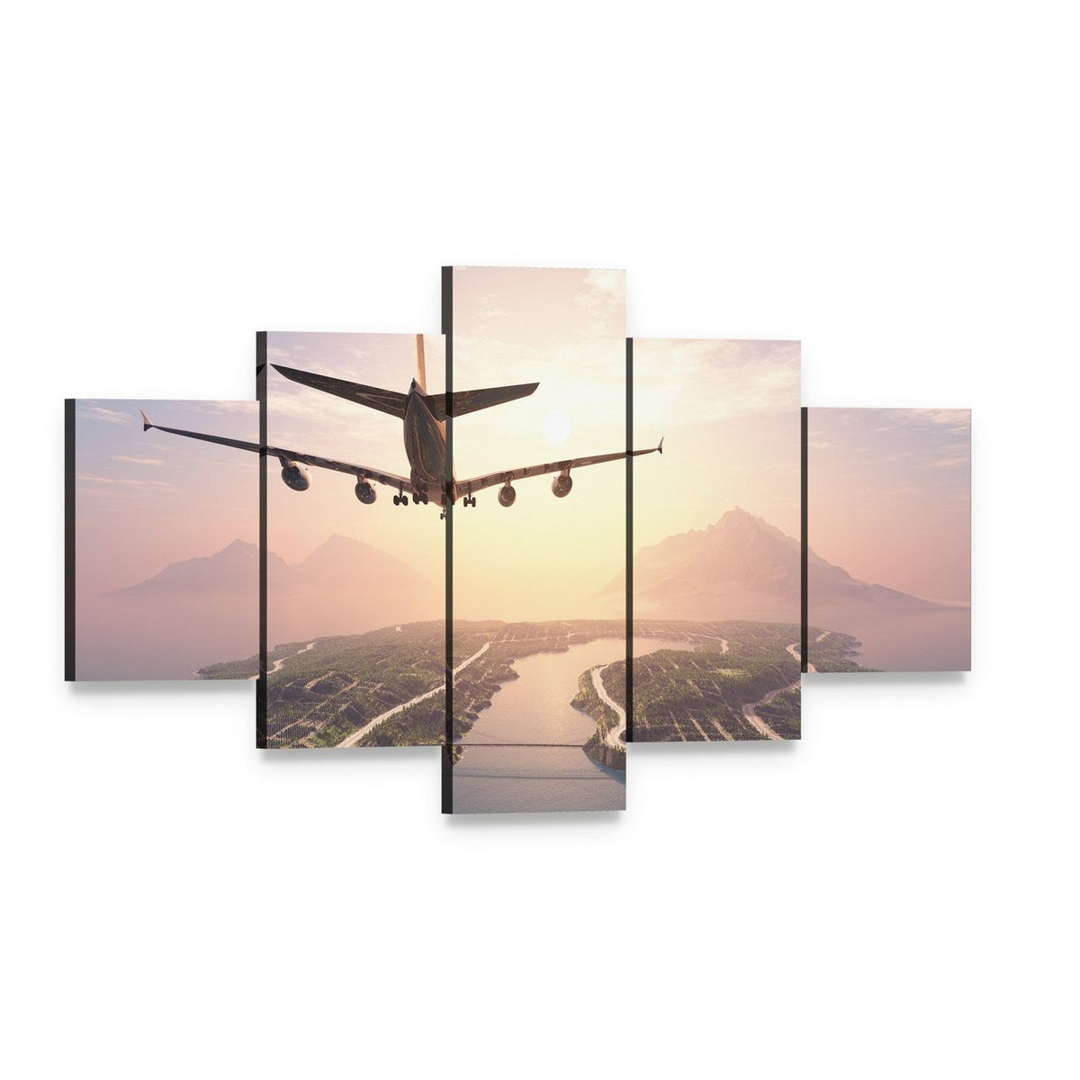 Airplane Landing on Island Canvas Wall Art, 5 panel 5 Star layout gallery wrapped canvas set, angled product view