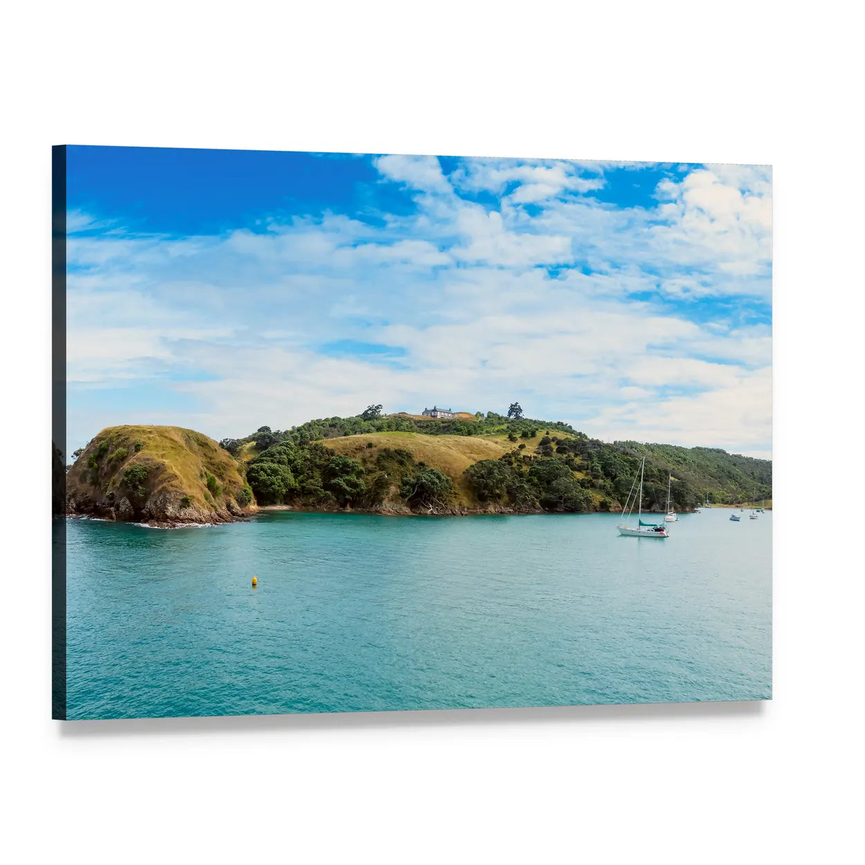 Yacht in New Zealand Bay Canvas Wall Art, single panel gallery wrapped canvas, angled product view