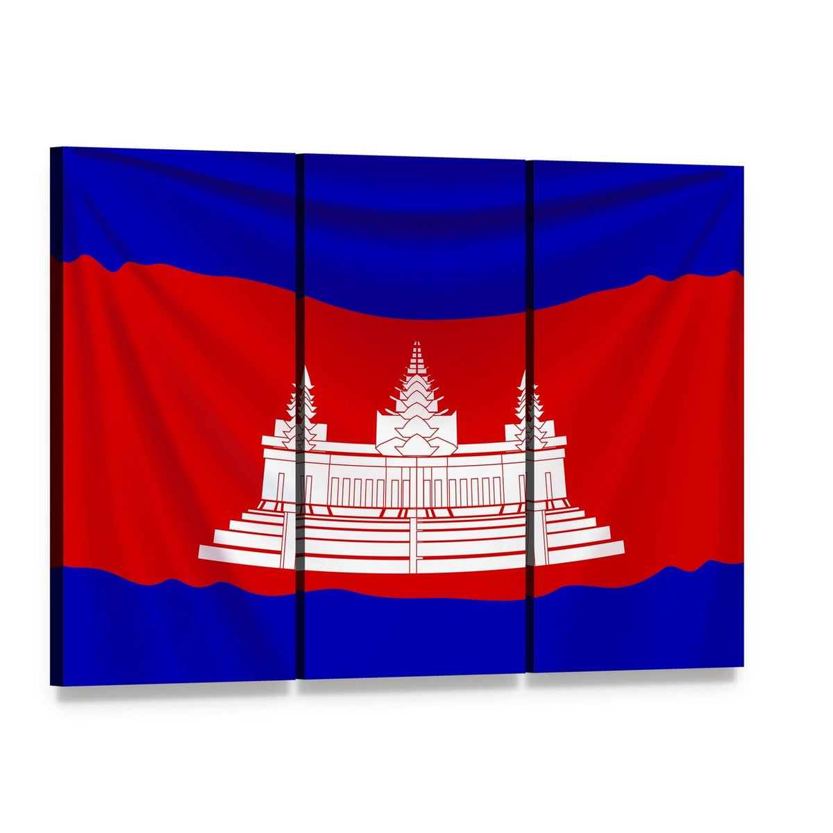Realistic Cambodia Flag Featuring Angkor Wat Canvas Wall Art, 3 panel 3 Horizontal layout gallery wrapped canvas set, angled product view