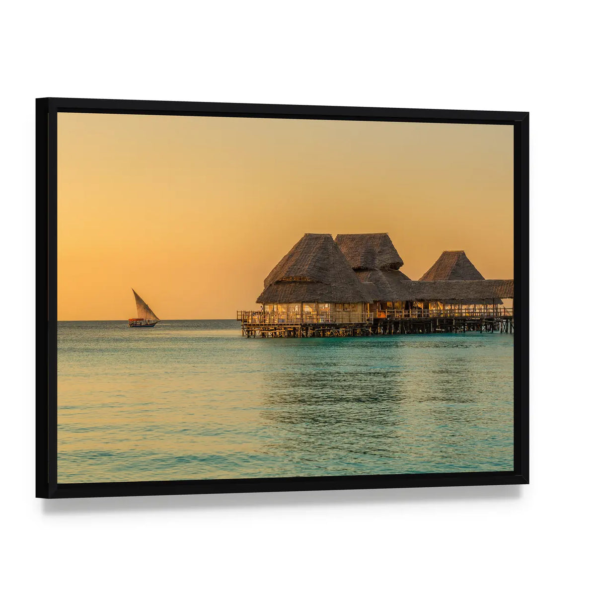 Bar On Water At Sunset In Zanzibar Tanzania Canvas Wall Art, framed canvas in a black floater frame, angled product view
