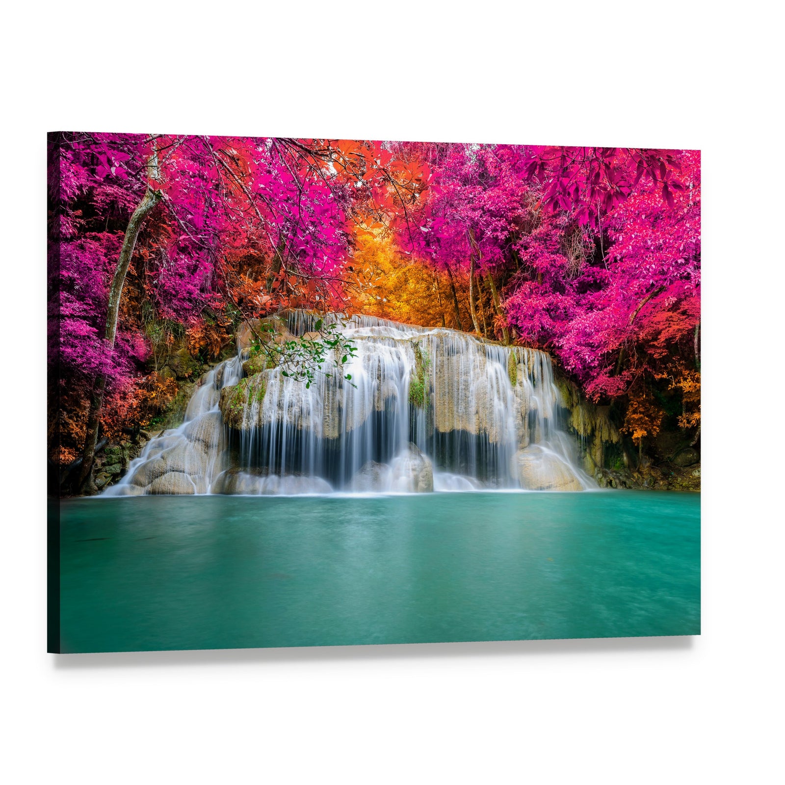 Waterfall with Pink Trees Canvas Wall Art, single panel gallery wrapped canvas, angled product view