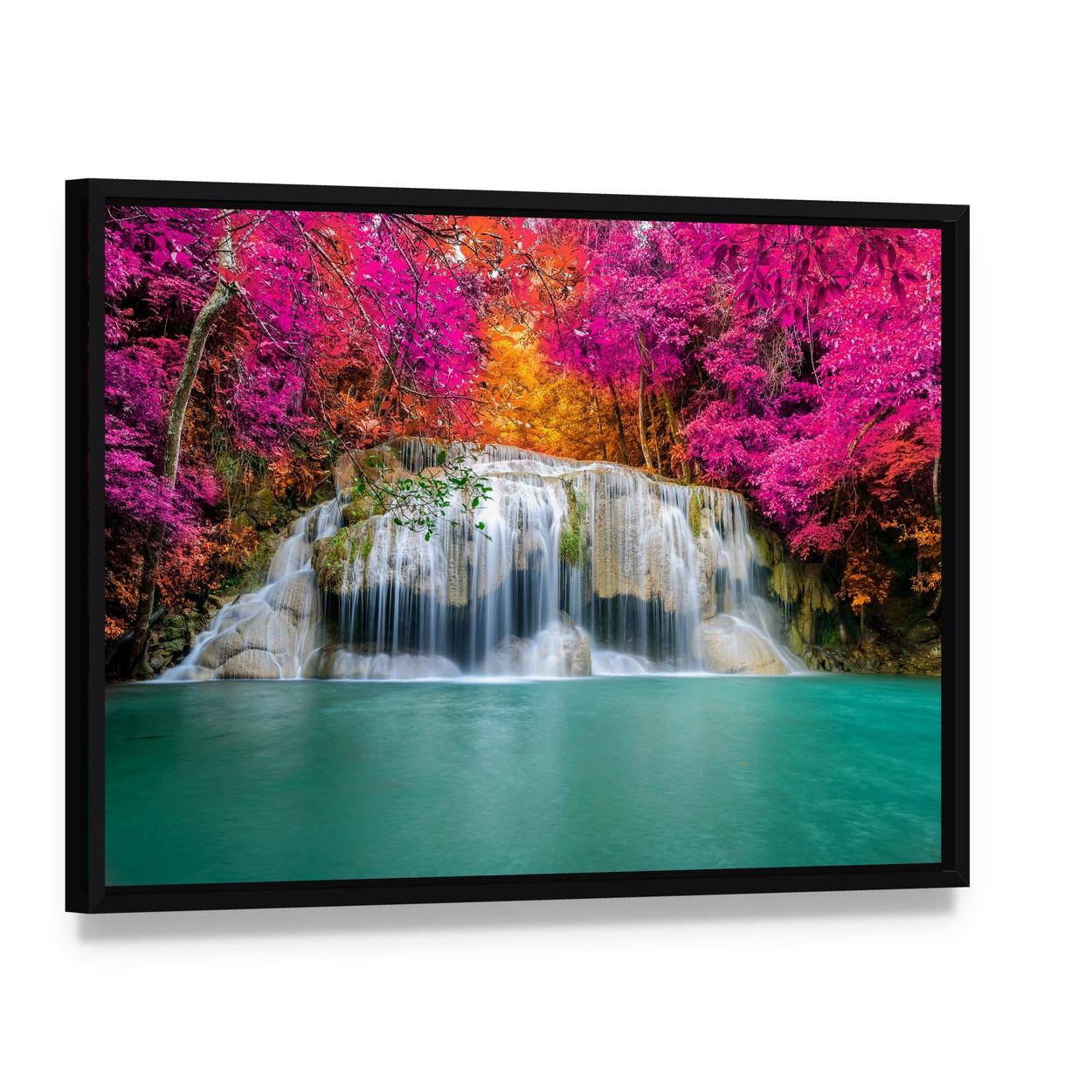 Waterfall with Pink Trees Canvas Wall Art, framed canvas in a black floater frame, angled product view