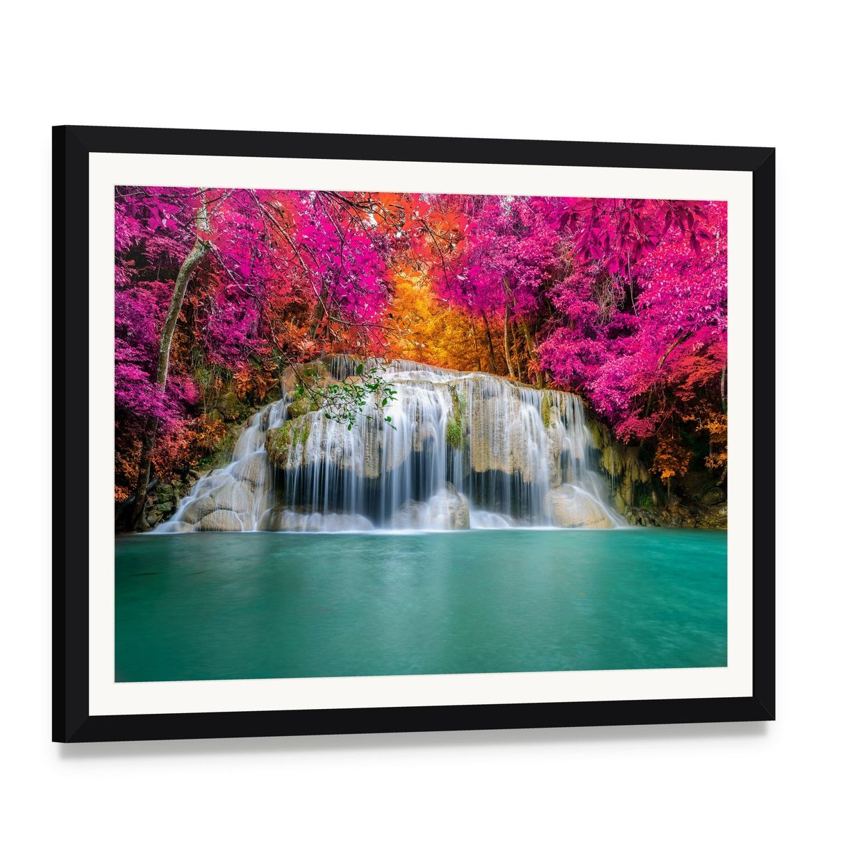 Waterfall with Pink Trees Canvas Wall Art, framed print with white mat and black frame, angled product view