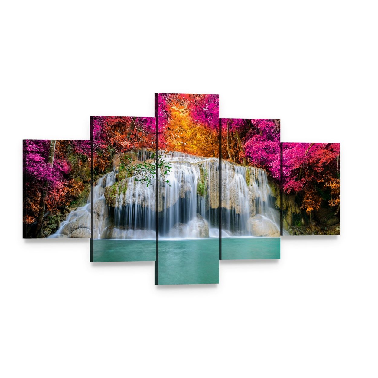 Waterfall with Pink Trees Canvas Wall Art, 5 panel 5 Star layout gallery wrapped canvas set, angled product view
