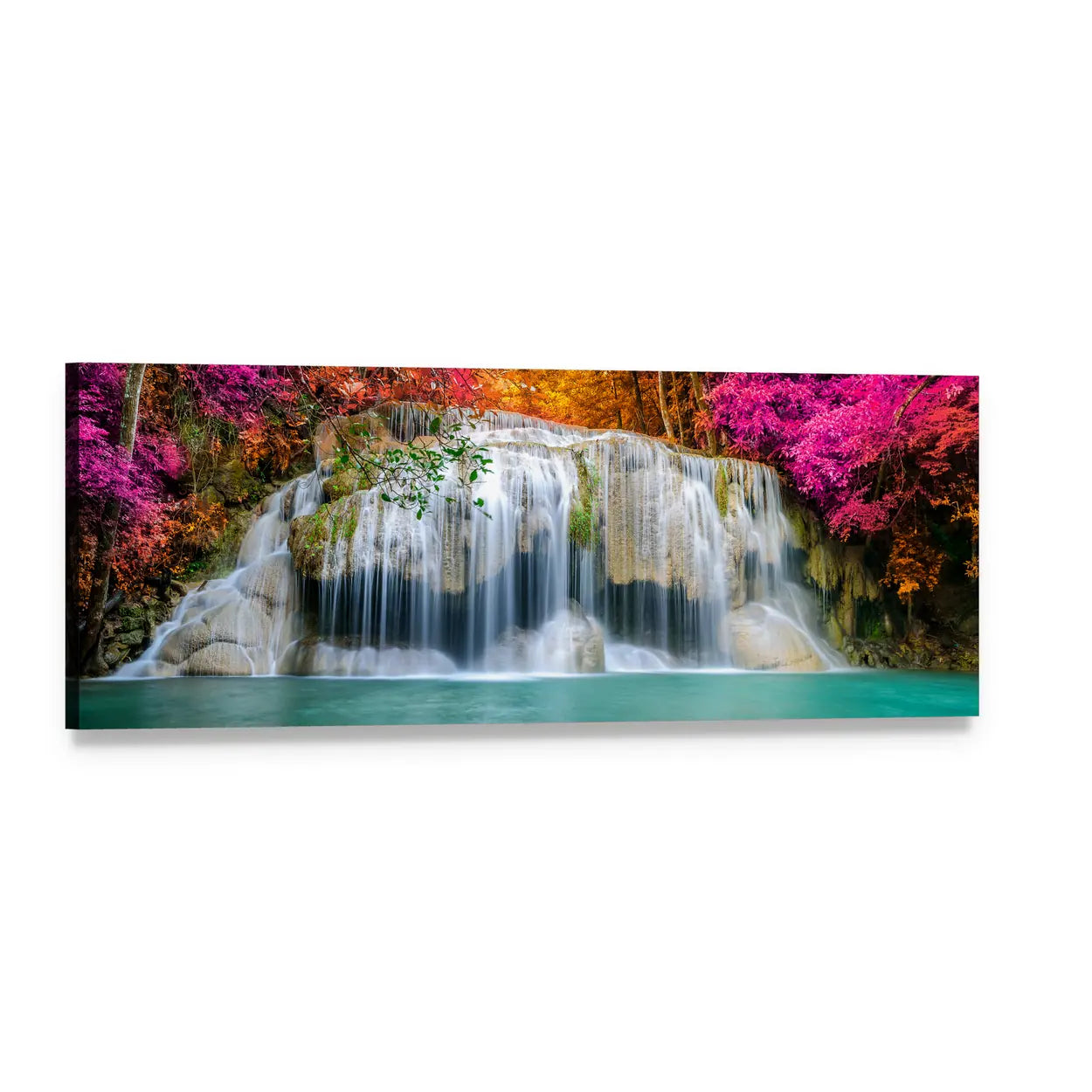 Multi-tier Waterfall with Pink Trees Panoramic Canvas Wall Art, single panel gallery wrapped canvas, angled product view