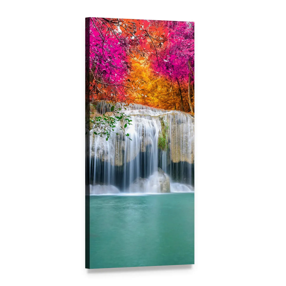 Waterfall with Pink Trees Vertical Canvas Wall Art, 1 panel 1 Vertical layout gallery wrapped canvas set, angled product view