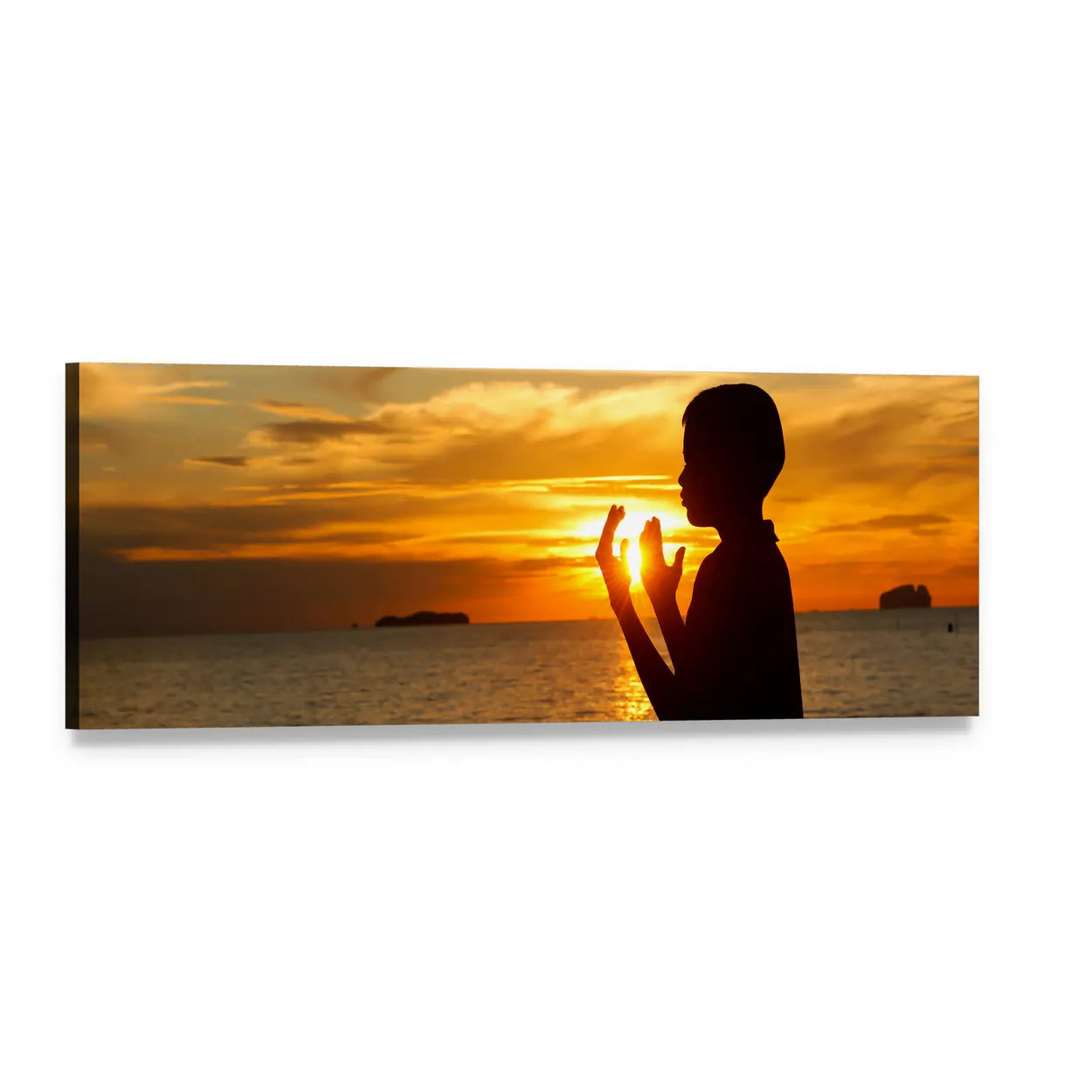 Boy Praying at Sunset Panoramic Canvas Wall Art, single panel gallery wrapped canvas, angled product view