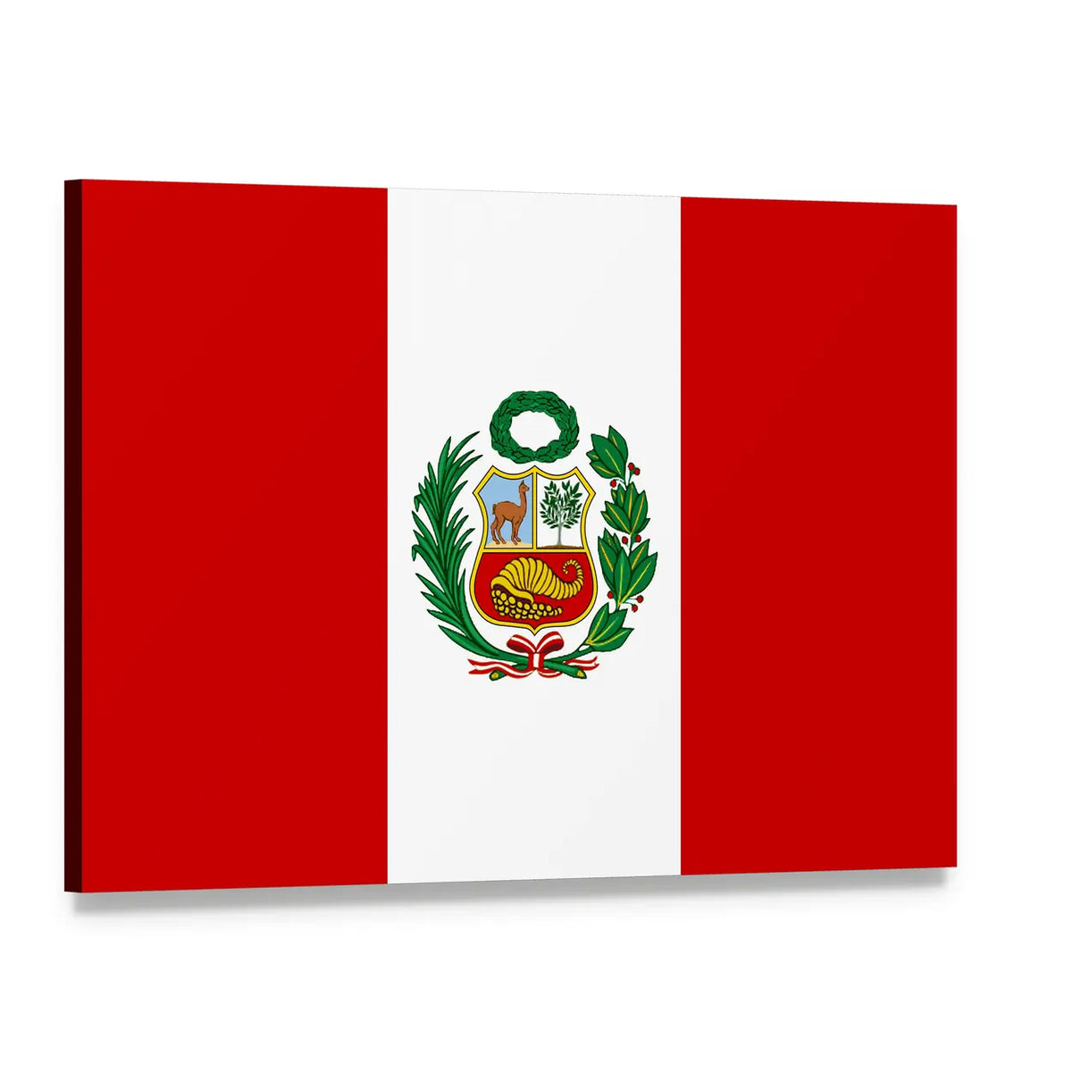 Peruvian Flag with Coat of Arms Canvas Wall Art, single panel gallery wrapped canvas, angled product view