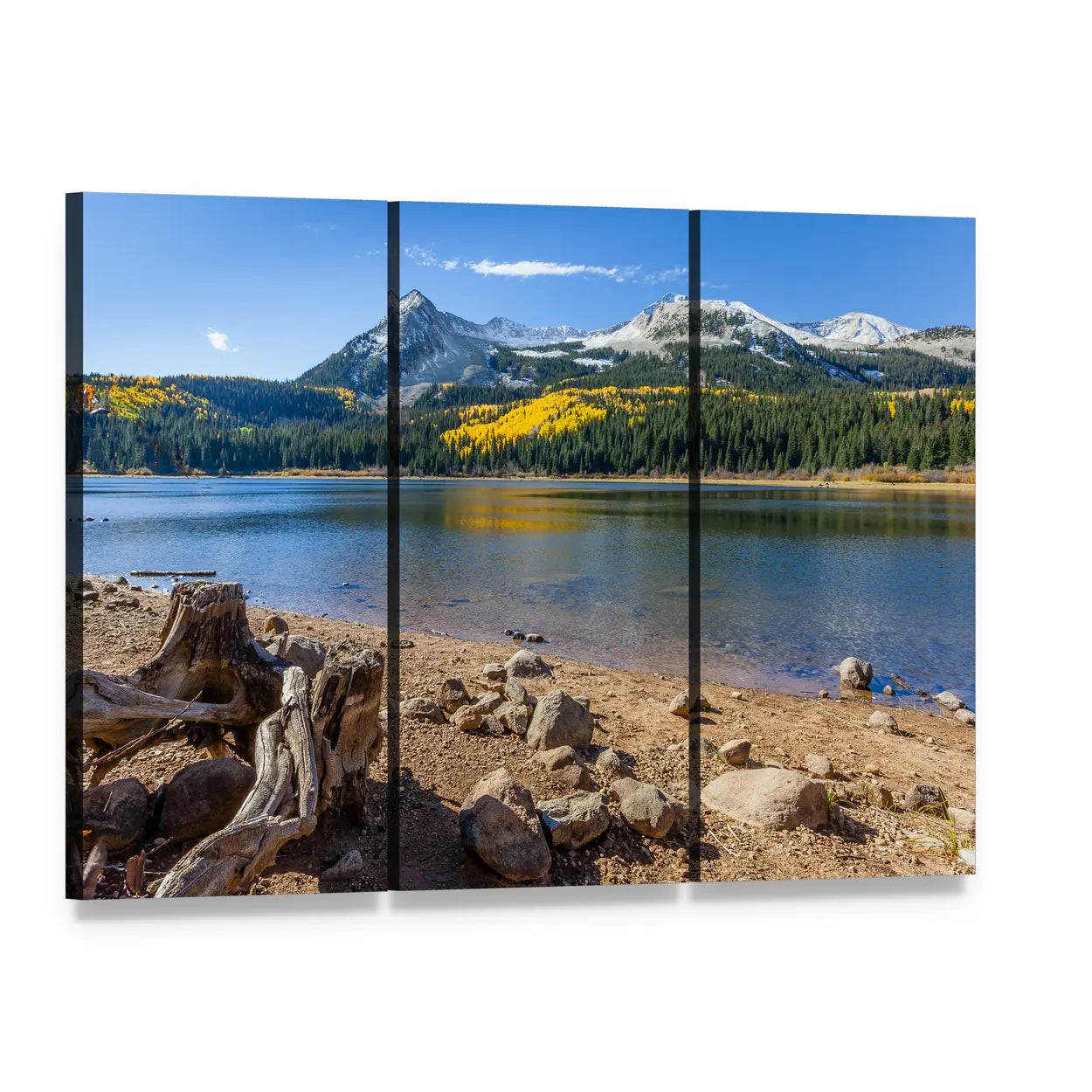 Lost Lake at Kebler Pass Canvas Wall Art, 3 panel 3 Horizontal layout gallery wrapped canvas set, angled product view