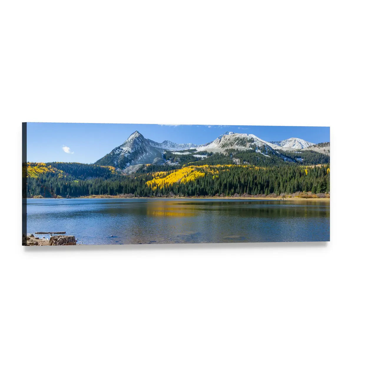Lost Lake with Aspen Reflections Panoramic Canvas Wall Art, single panel gallery wrapped canvas, angled product view