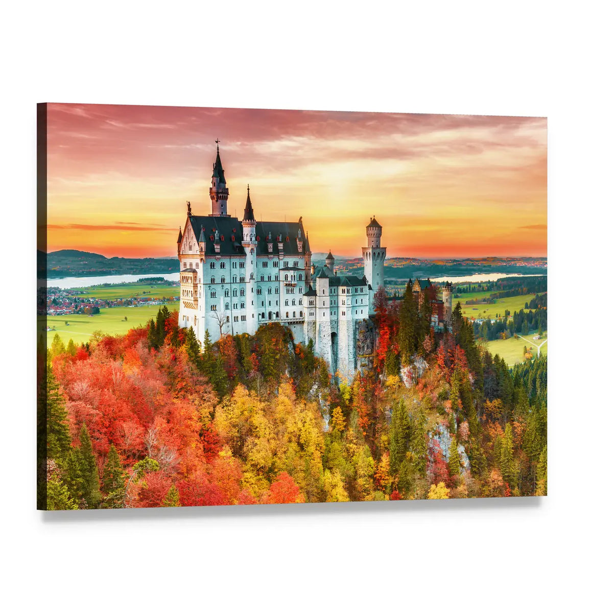 Neuschwanstein Castle in Autumn Canvas Wall Art, single panel gallery wrapped canvas, angled product view
