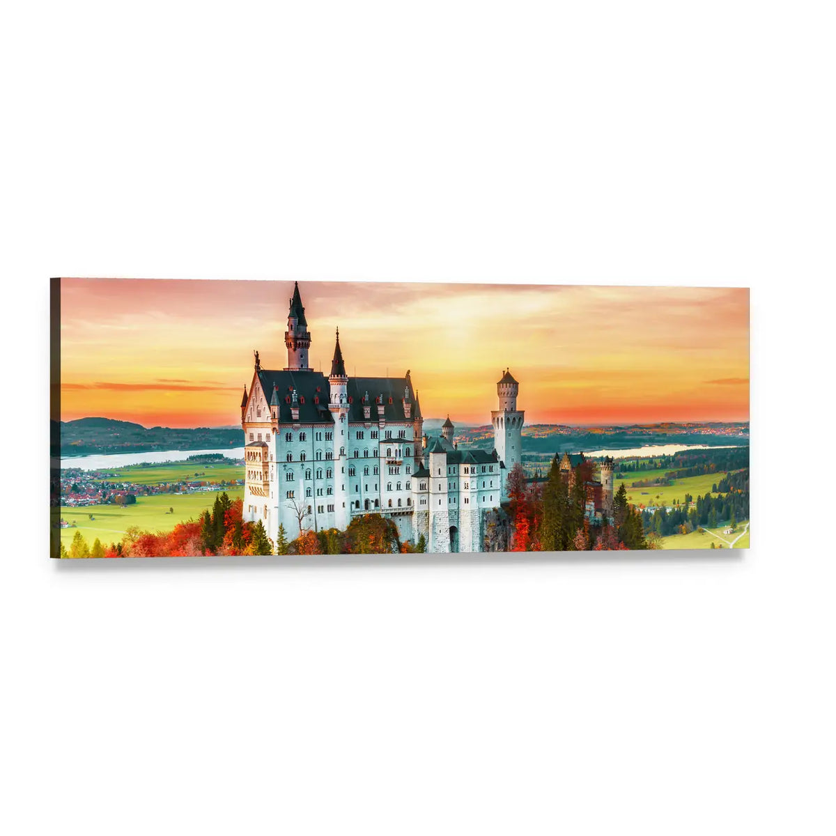 Neuschwanstein Castle in Autumn Light Panoramic Canvas Wall Art, single panel gallery wrapped canvas, angled product view