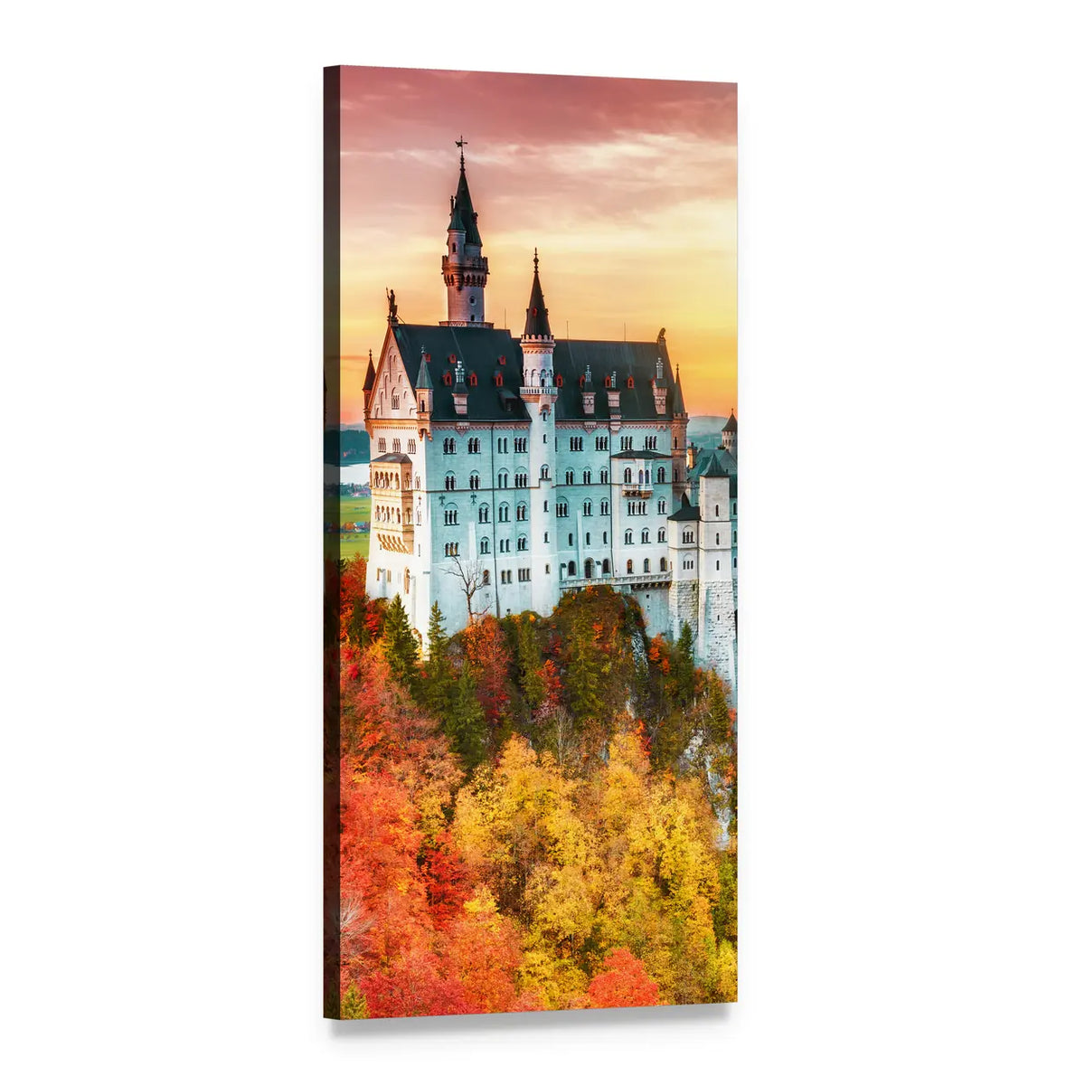 Neuschwanstein Castle in Autumn Vertical Canvas Wall Art, 1 panel 1 Vertical layout gallery wrapped canvas set, angled product view