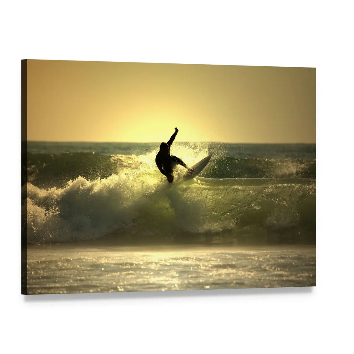 Surfer at Sunset Canvas Wall Art, single panel gallery wrapped canvas, angled product view
