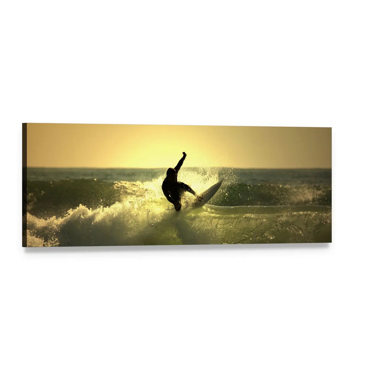 Surfer at Sunset Panoramic Canvas Wall Art, single panel gallery wrapped canvas, angled product view