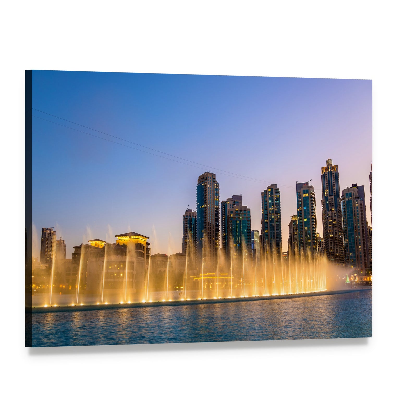 Dubai Fountain at Dusk Canvas Wall Art, single panel gallery wrapped canvas, angled product view