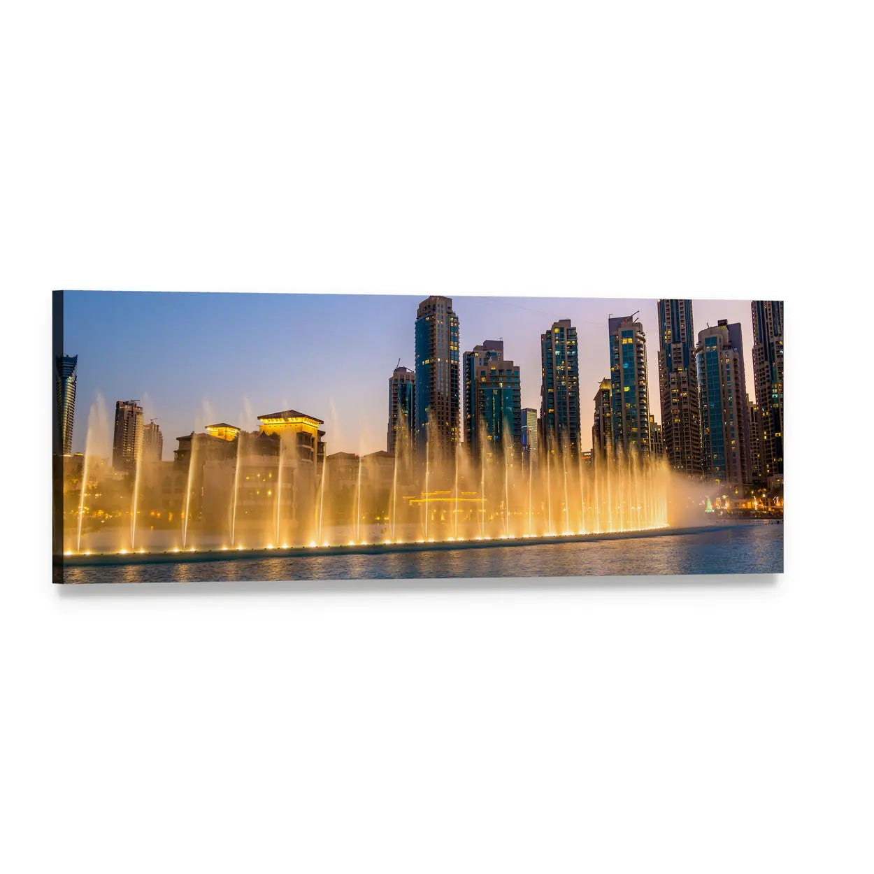 Dubai Fountain Twilight Skyline Panoramic Canvas Wall Art, single panel gallery wrapped canvas, angled product view