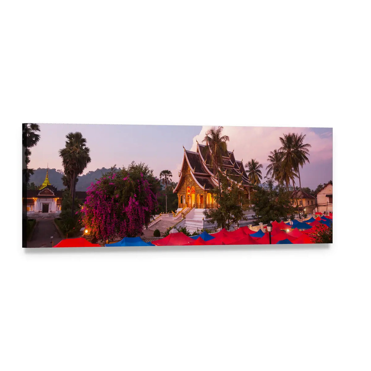 Luang Prabang Market at Dusk Panoramic Canvas Wall Art, single panel gallery wrapped canvas, angled product view
