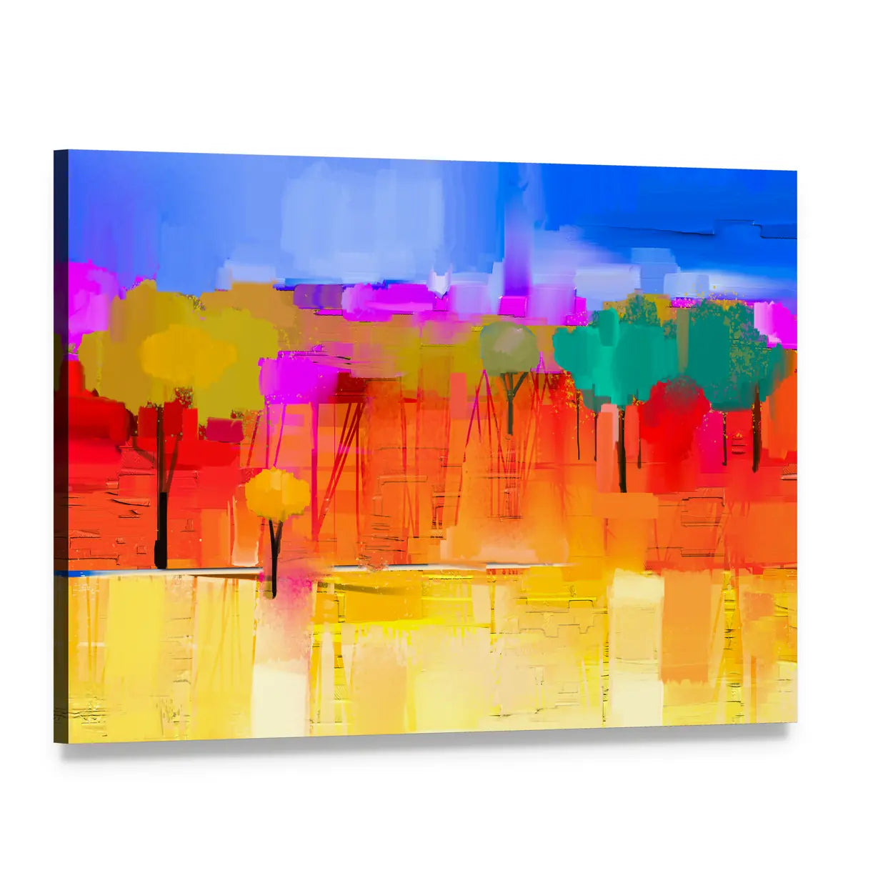 Semi-abstract Tree and Field at Sunset Canvas Wall Art, single panel gallery wrapped canvas, angled product view