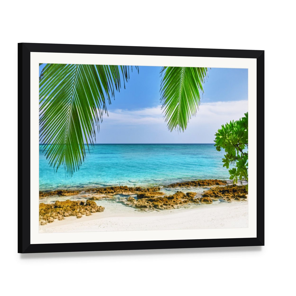 Shoreline of a Tropical Island in the Maldives Canvas Wall Art, framed print with white mat and black frame, angled product view