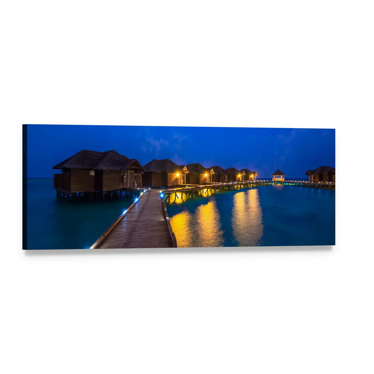 Overwater Bungalows at Night Panoramic Canvas Wall Art, single panel gallery wrapped canvas, angled product view