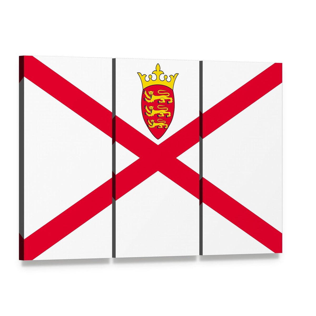 Jersey Flag with Coat of Arms Canvas Wall Art, 3 panel 3 Horizontal layout gallery wrapped canvas set, angled product view