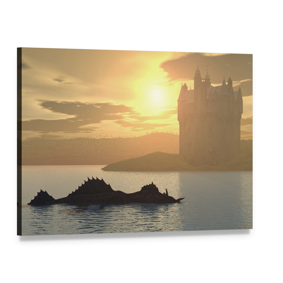 Loch Ness Monster and Castle at Sunset Canvas Wall Art, single panel gallery wrapped canvas, angled product view