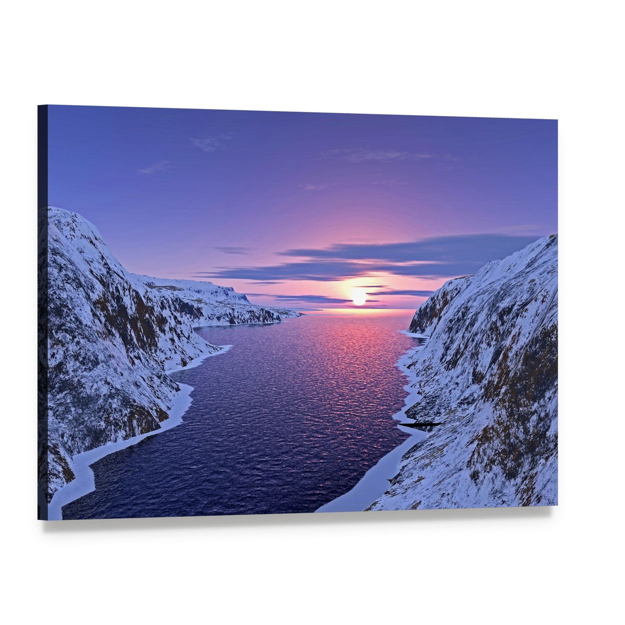 River Among Snow Bound Mountains at Sunset Canvas Wall Art, single panel gallery wrapped canvas, angled product view