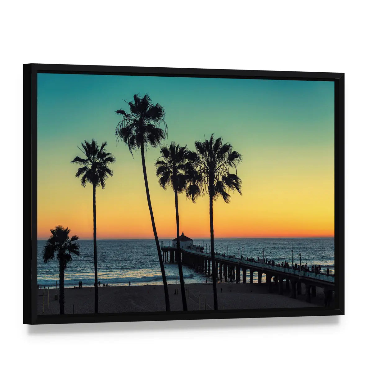 Palm Trees at California Beach Canvas Wall Art, framed canvas in a black floater frame, angled product view