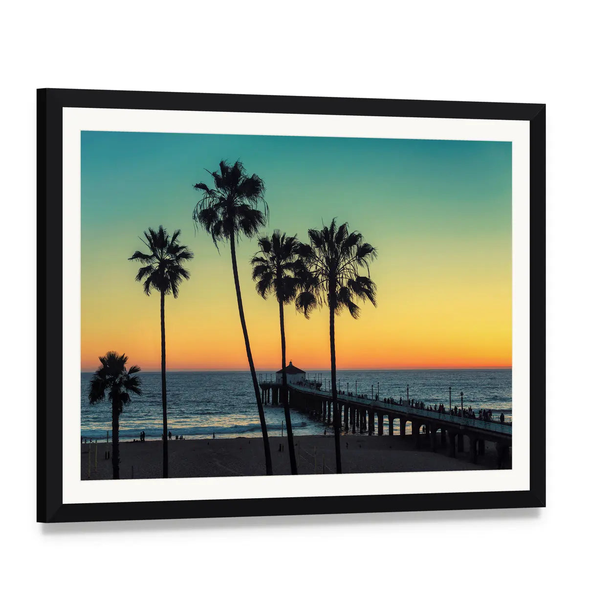 Palm Trees at California Beach Canvas Wall Art, framed print with white mat and black frame, angled product view