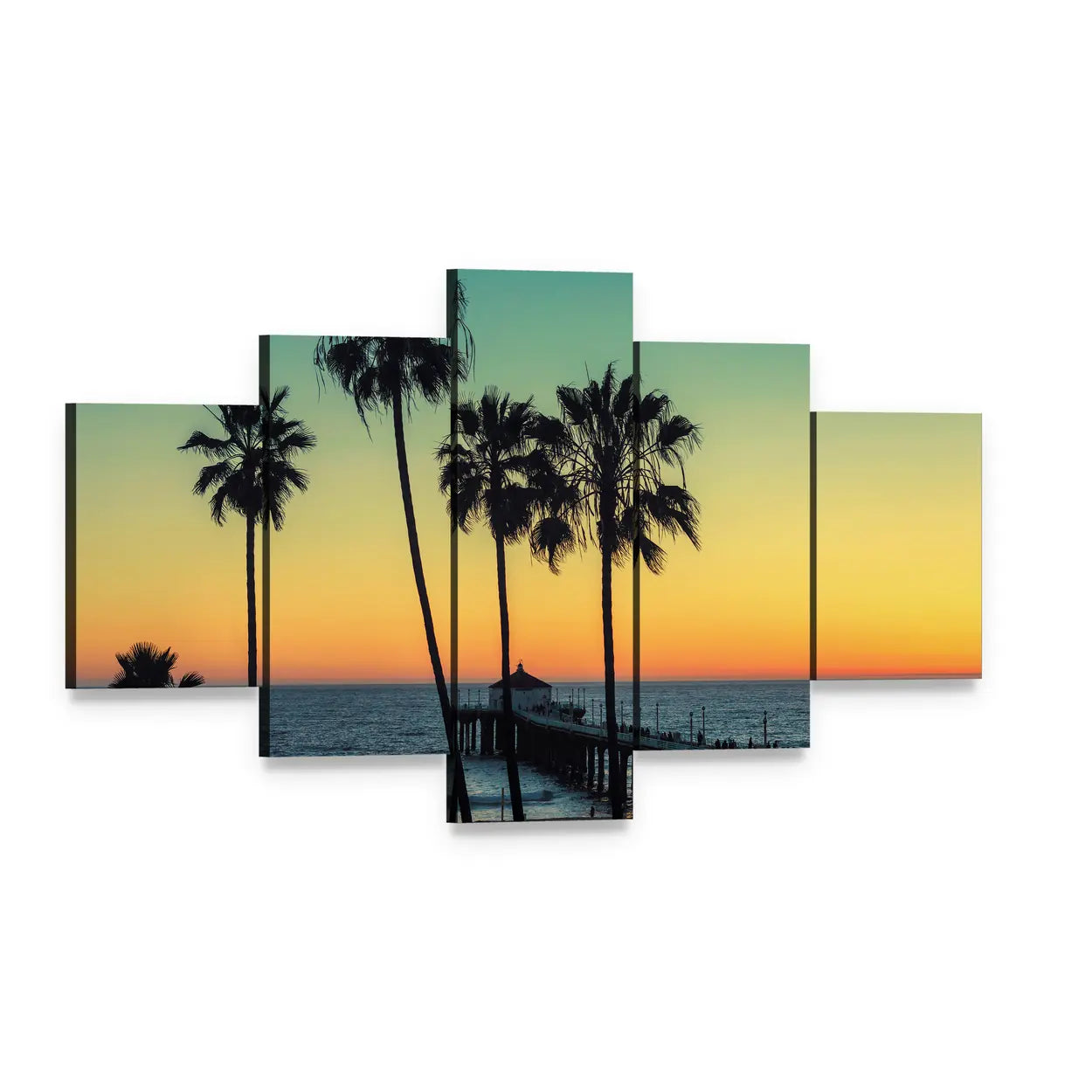Palm Trees at California Beach Canvas Wall Art, 5 panel 5 Star layout gallery wrapped canvas set, angled product view