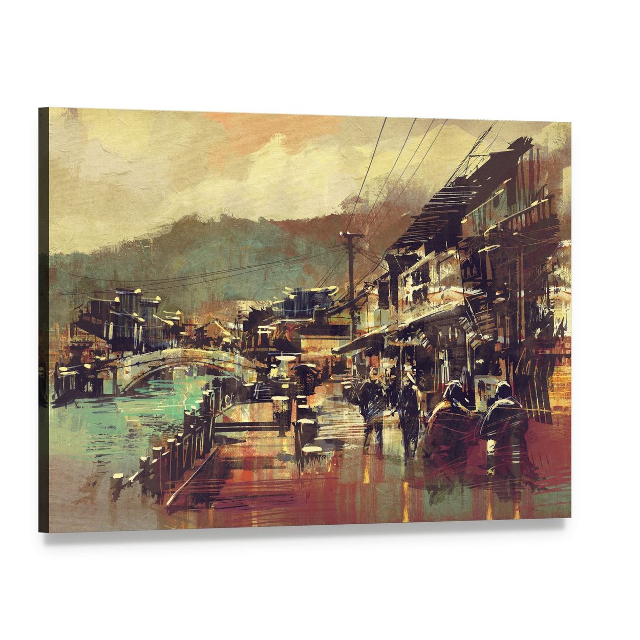 Village with a Bridge and Old Buildings Canvas Wall Art, single panel gallery wrapped canvas, angled product view