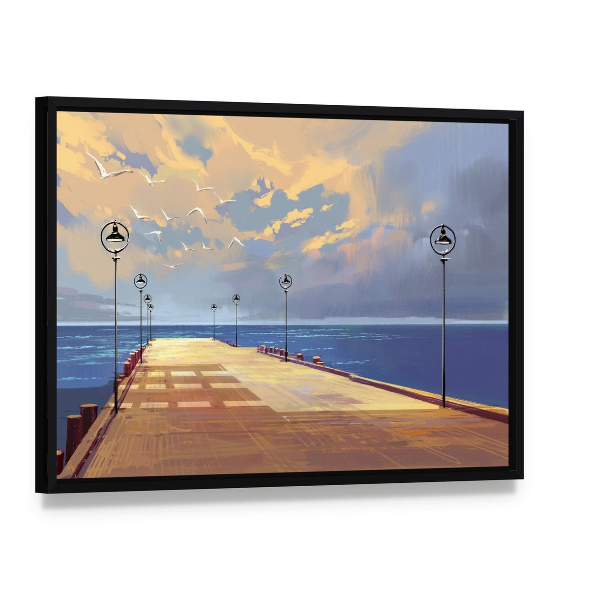 Bridge Near River Canvas Wall Art, framed canvas in a black floater frame, angled product view