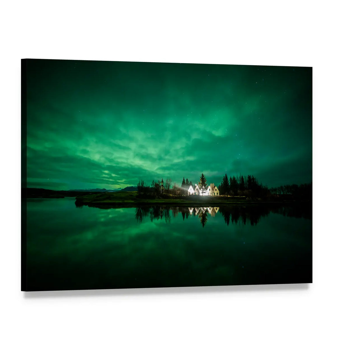 Aurora Borealis Over Lakeside Village Canvas Wall Art, single panel gallery wrapped canvas, angled product view