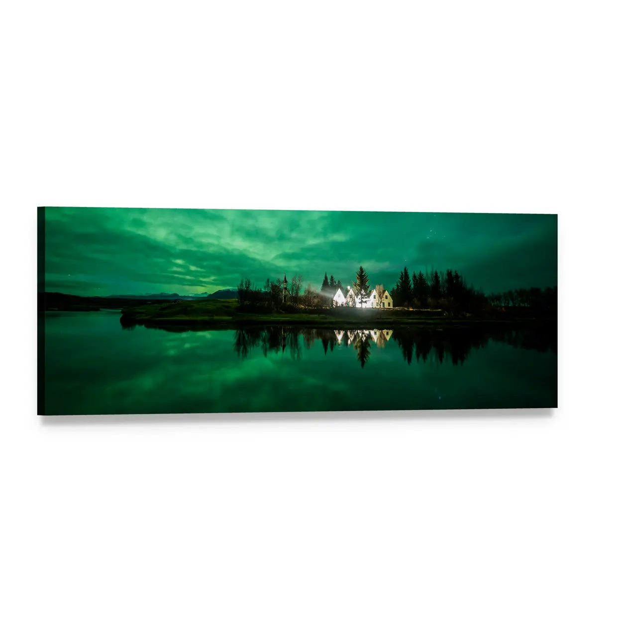 Iceland Aurora Over Lakeside Village Panoramic Canvas Wall Art, single panel gallery wrapped canvas, angled product view
