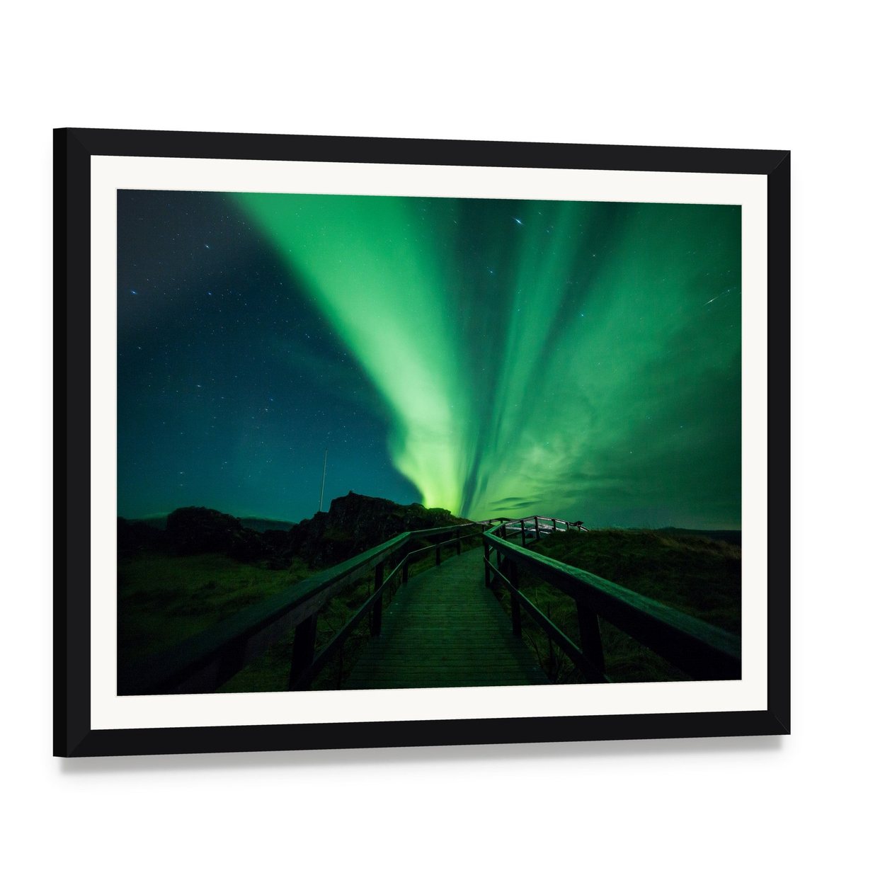 Aurora Borealis in Iceland Canvas Wall Art, framed print with white mat and black frame, angled product view