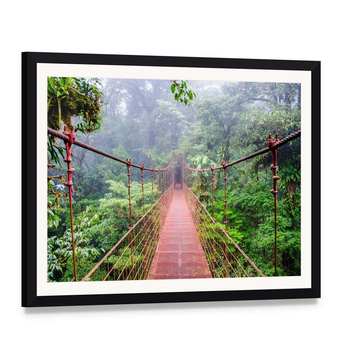 Red Suspension Bridge in Misty Forest Canvas Wall Art, framed print with white mat and black frame, angled product view