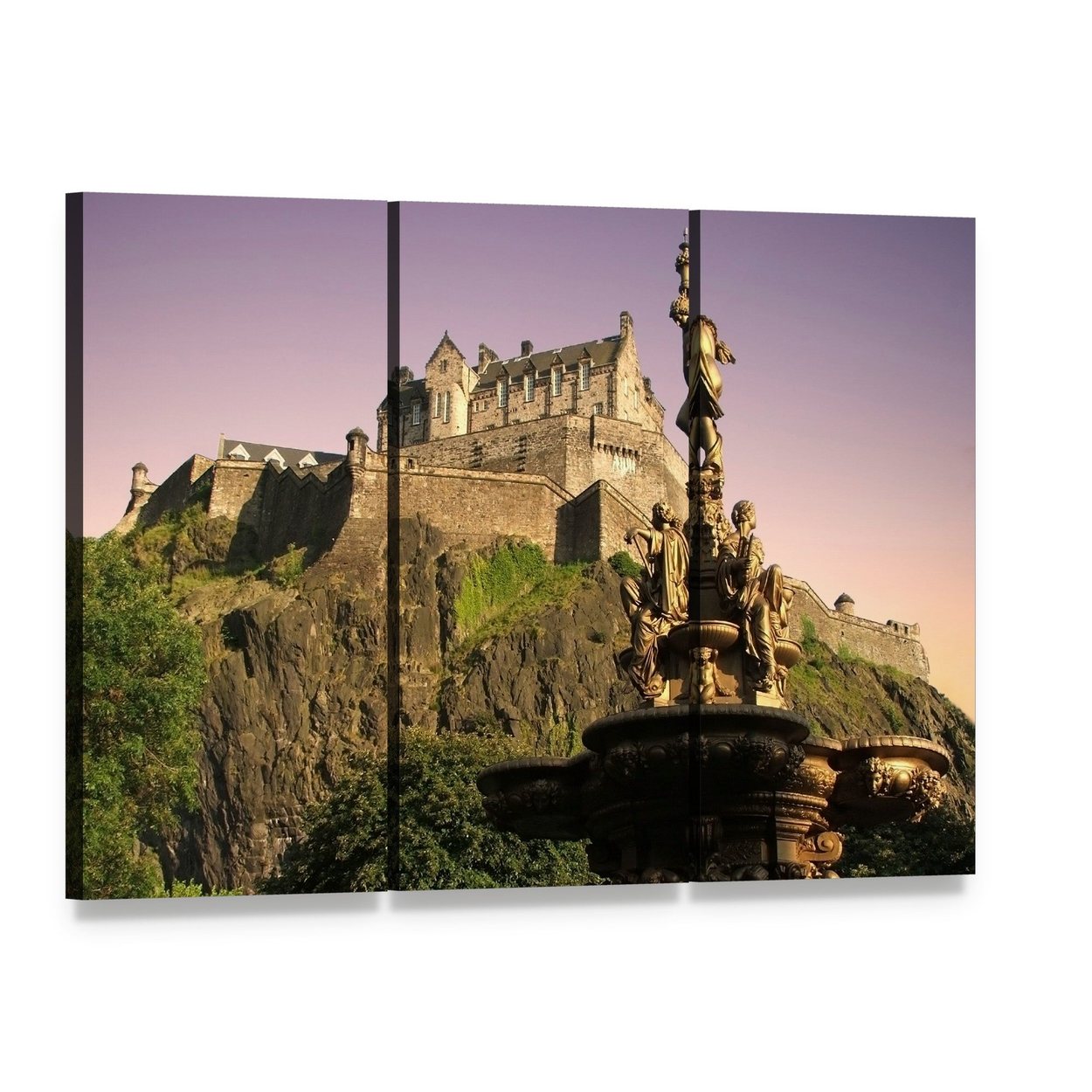 Edinburgh Castle at Dusk Canvas Wall Art, 3 panel 3 Horizontal layout gallery wrapped canvas set, angled product view