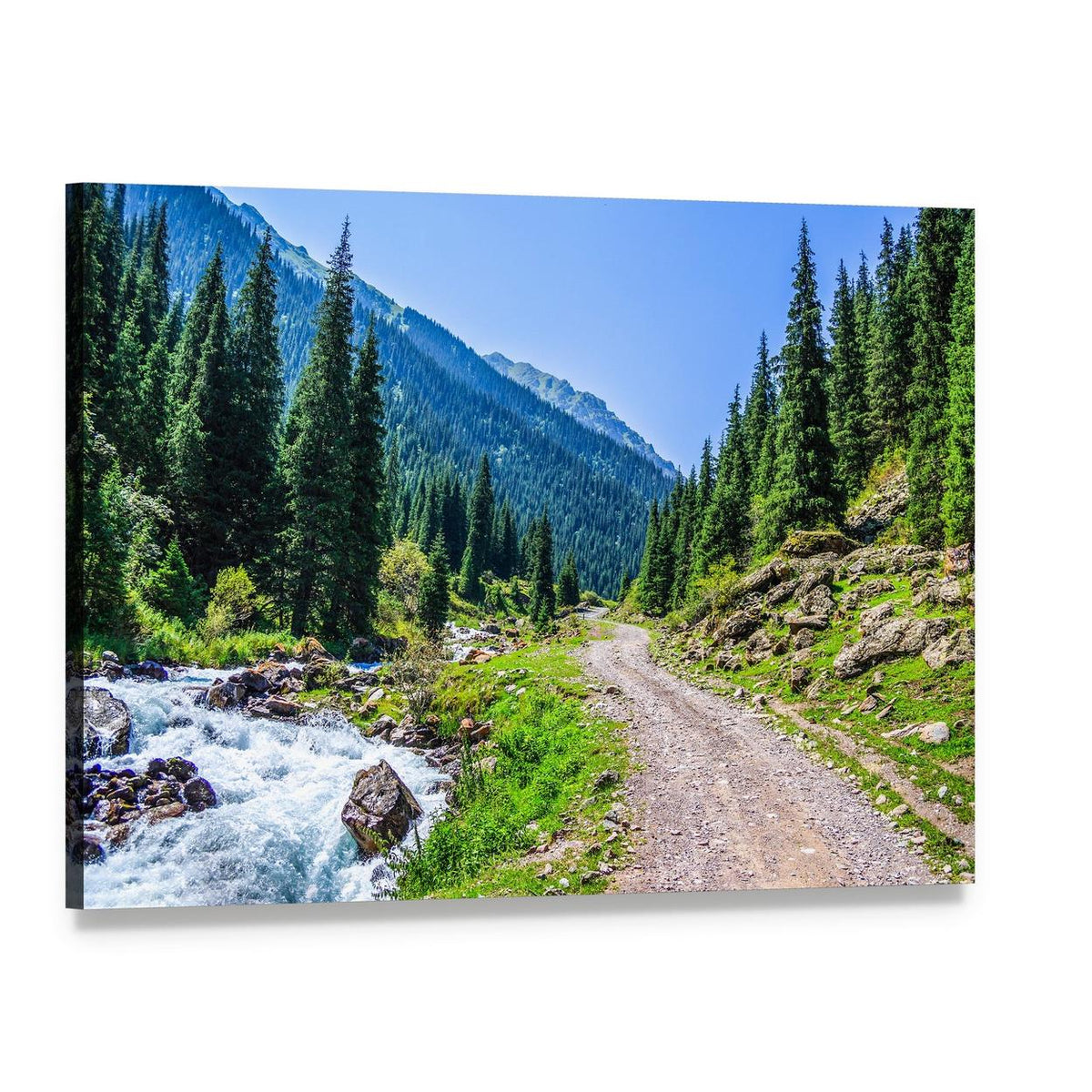 Mountain River Road Canvas Wall Art, single panel gallery wrapped canvas, angled product view