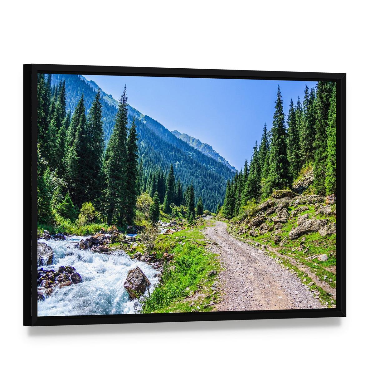 Mountain River Road Canvas Wall Art, framed canvas in a black floater frame, angled product view