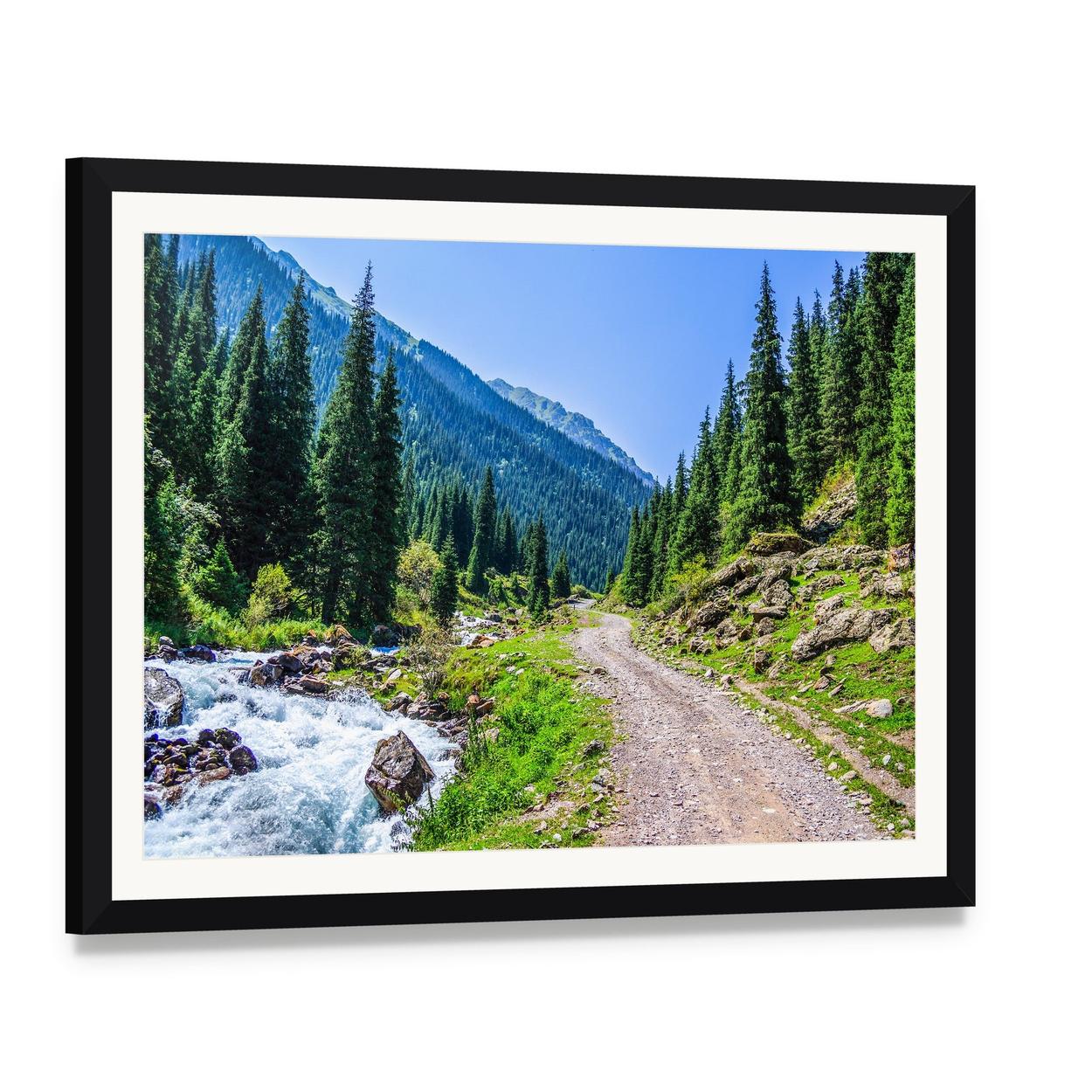 Mountain River Road Canvas Wall Art, framed print with white mat and black frame, angled product view