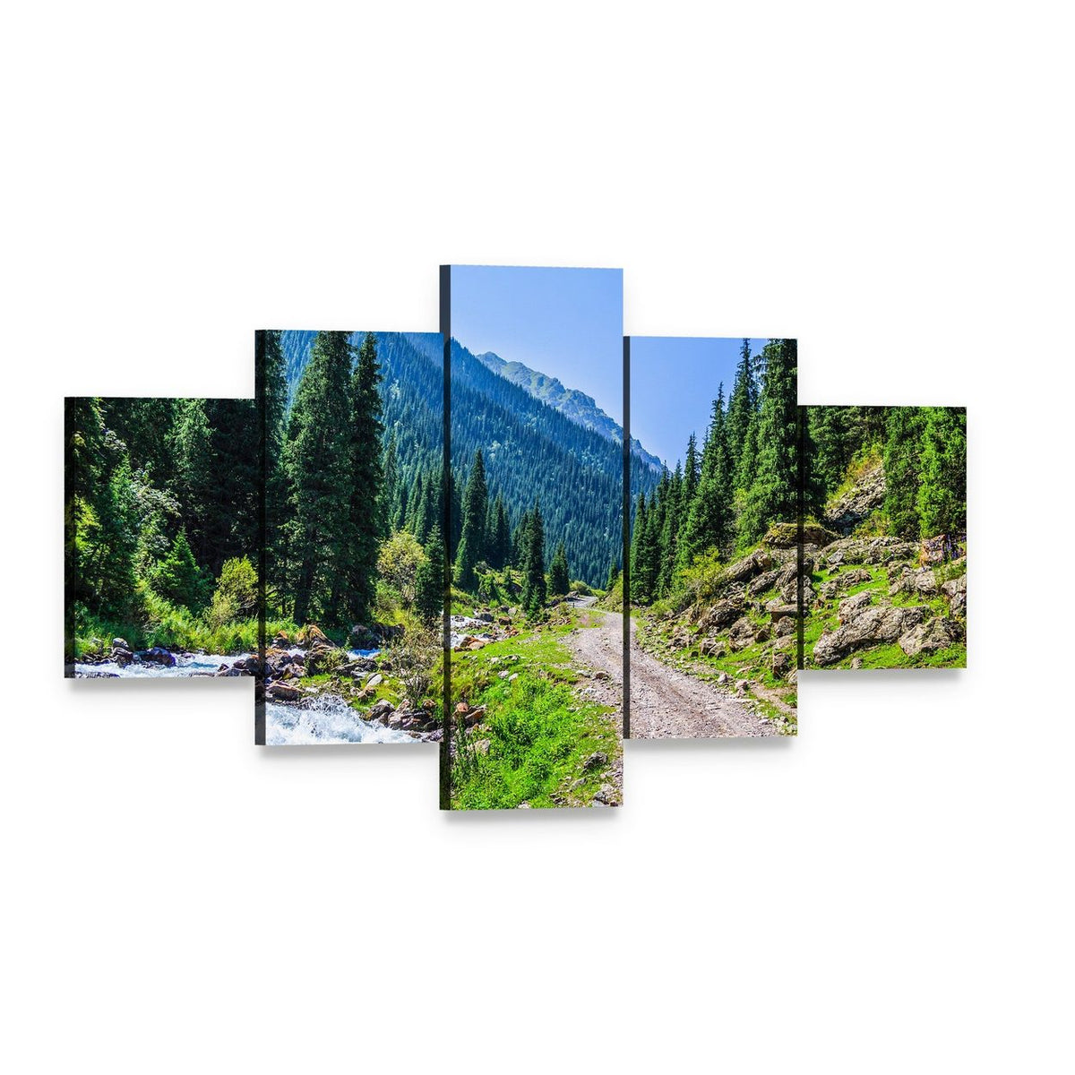 Mountain River Road Canvas Wall Art, 5 panel 5 Star layout gallery wrapped canvas set, angled product view