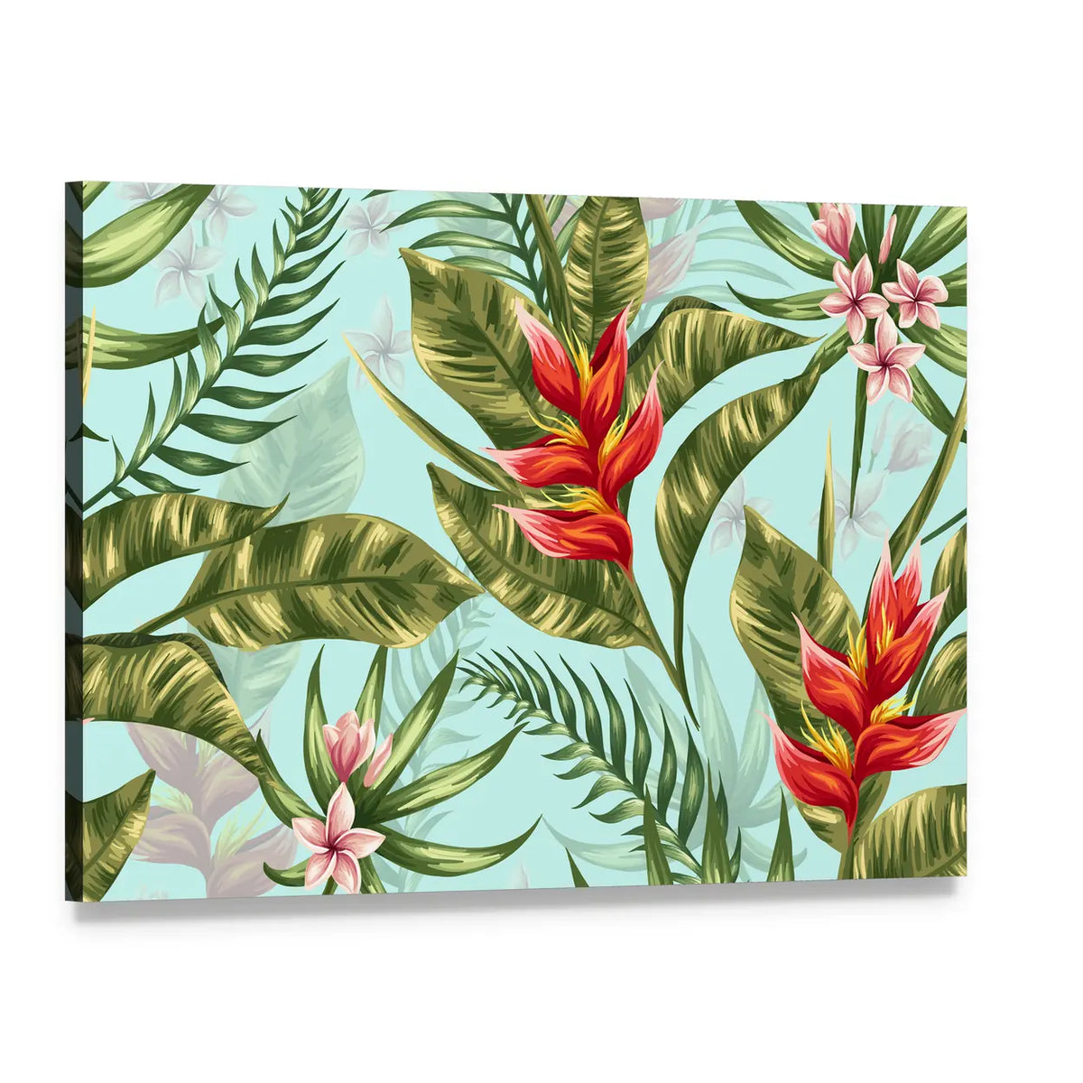 Tropical Heliconia and Plumeria Pattern Canvas Wall Art, single panel gallery wrapped canvas, angled product view