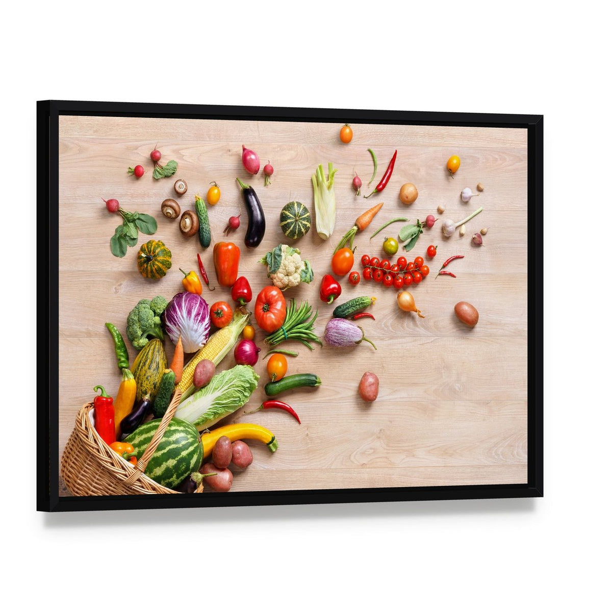 Vibrant Fruits and Vegetables Canvas Wall Art, framed canvas in a black floater frame, angled product view